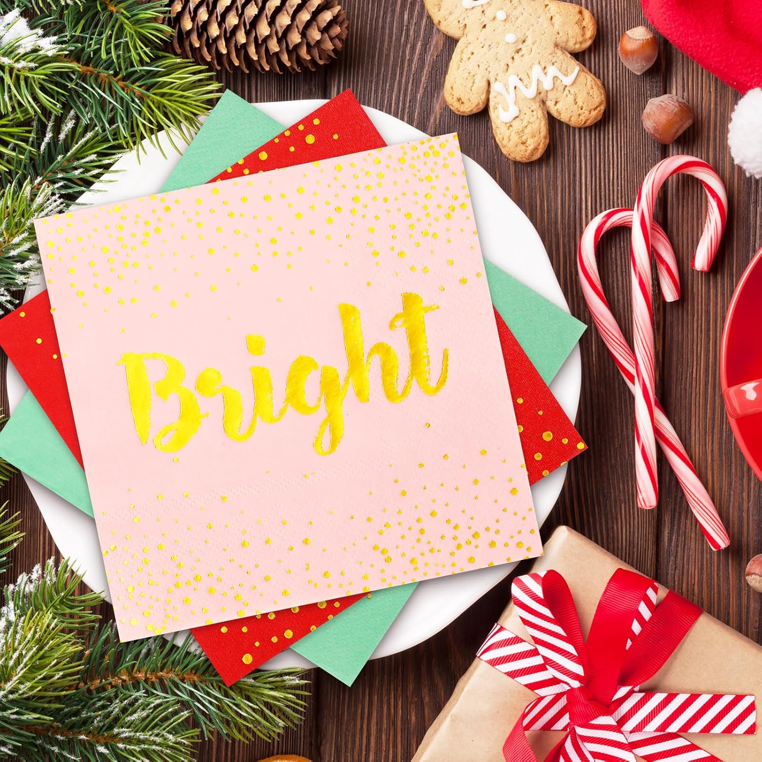 75Pcs Christmas Paper Napkin Gold Foil Merry Bright Holly Disposable Dinner Napkin Red Pink Green Luncheon Napkin For Xmas Winter Party Supplies Table Decor