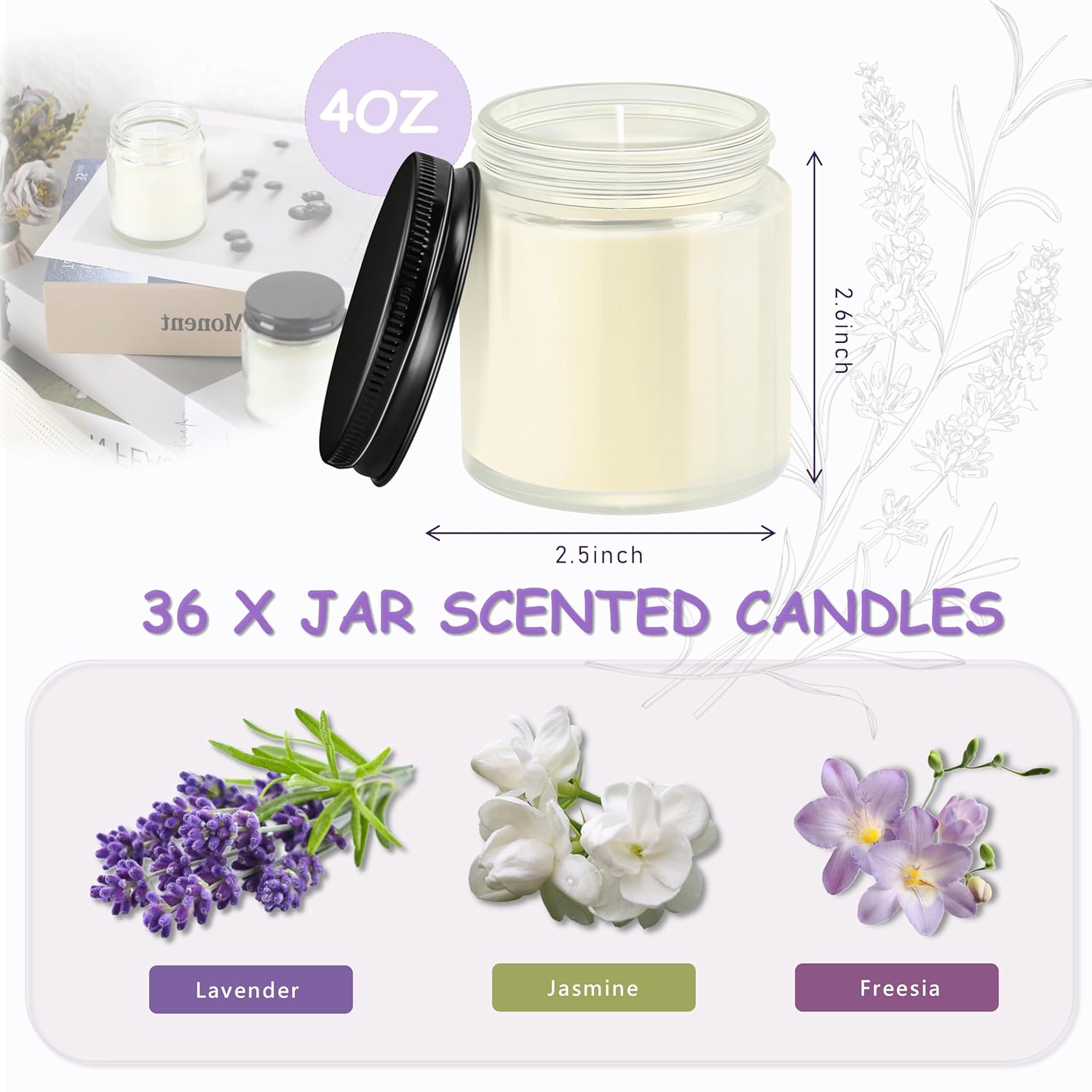 36 Pcs 4Oz Mini Mason Jar Candles Small Scented Candles Bulk Aromatherapy Ideal Souvenir Favors For Wedding Birthday Party (Freesia, Lavender, Jasmine, Black)