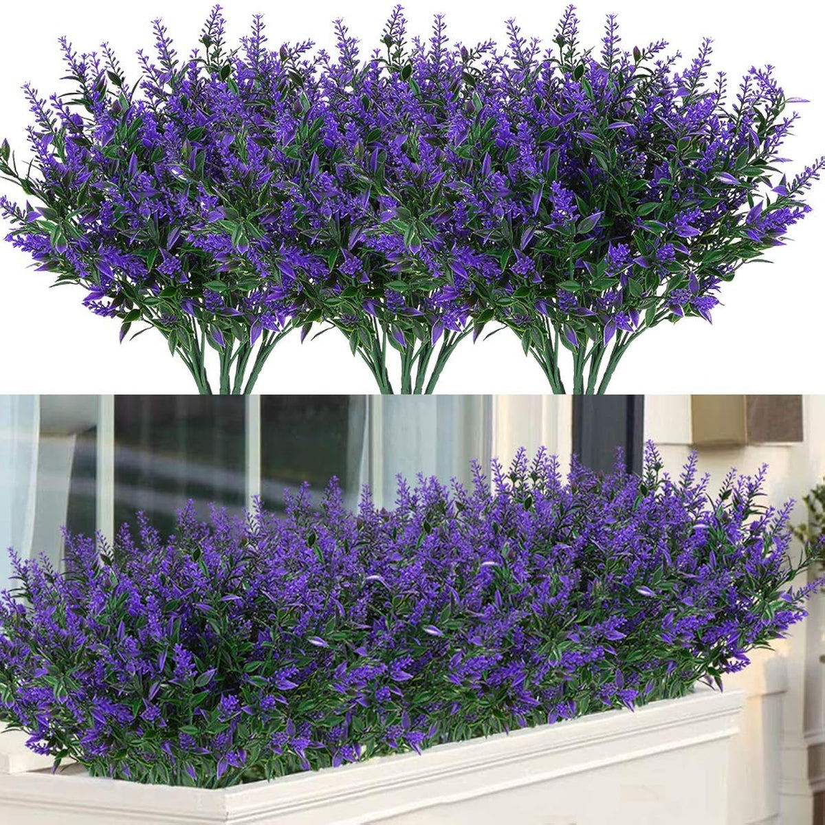 8 Bundles Outdoor Artificial Lavender Fake Flowers Uv Resistant Shrubs, Faux Plastic Greenery For Indoor Outside Hanging Plants Garden Porch Window Box Home Wedding Farmhouse Decor (Purple)