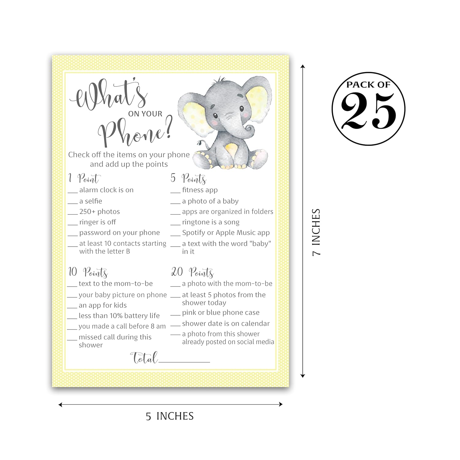 Gender Neutral Baby Shower Games — What'S On Your Phone Game — Pack Of 25 — Cute Yellow Elephant Little Peanut Theme, Couples Shower Activity, Gender Reveal Party, Sprinkle, Sip & See G521-Phn
