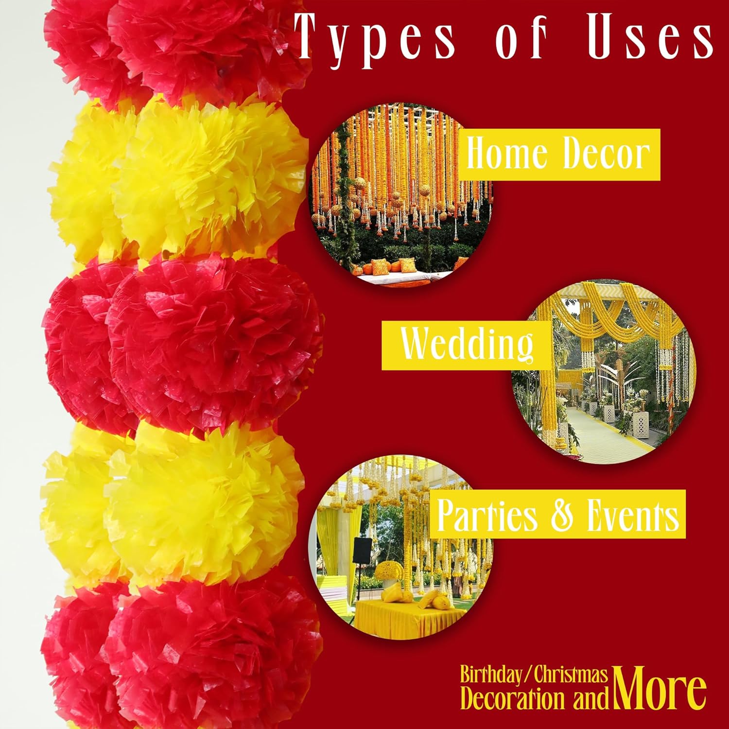 Marigold Garland Diwali Decorations Wedding Decorations Artificial Fake Flowers Fall Strands Garland Christmas Decor, Pack Of 5 Pcs - 5 Feet Each, Yellow Red
