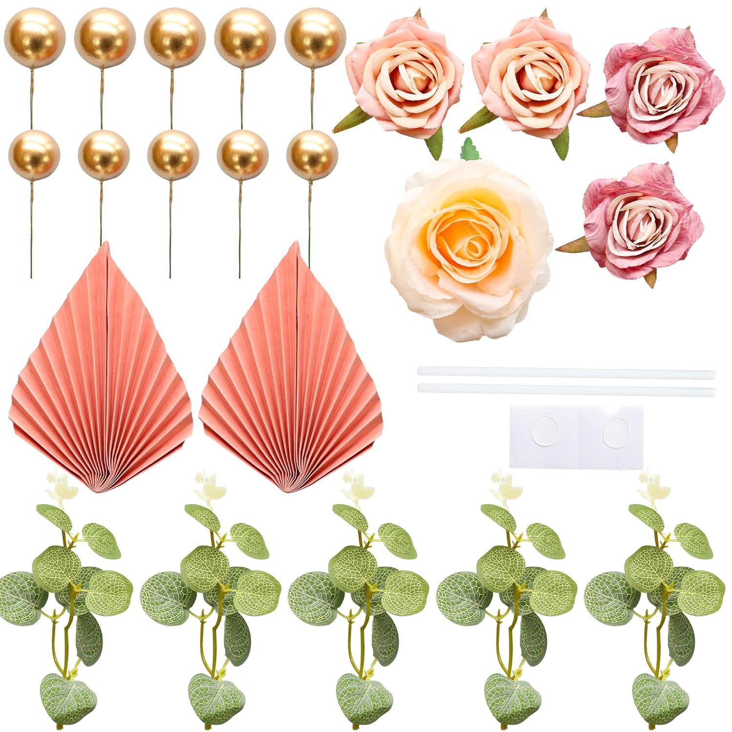22Pcs Rose Artificial Flower Leaves Cake Topper Decorations Gold Balloon Cake Toppers Leaf Paper Palm Fan Cake Picks For Diy Wedding Birthday Valentine'S Day Party Decorations Supplies Pink