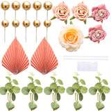 22Pcs Rose Artificial Flower Leaves Cake Topper Decorations Gold Balloon Cake Toppers Leaf Paper Palm Fan Cake Picks For Diy Wedding Birthday Valentine'S Day Party Decorations Supplies Pink