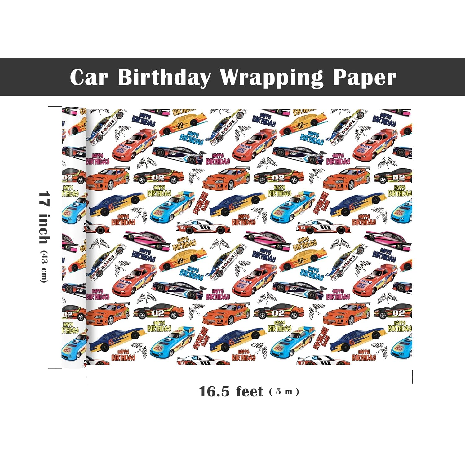 Racing Car Wrapping Paper Roll - Mini Roll - 17 Inch X 16.5 Feet - Happy Birthday Car Wrapping Paperfor Kids Boys Birthday, Baby Shower