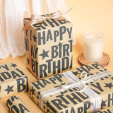 Birthday Wrapping Paper Roll, Mini Roll, Black Bold Happy Birthday Text With Star Design Kraft Gift Wrap Paper For Men, Women, Teens And Minimalist Party, 17 Inches X 16.4 Feet