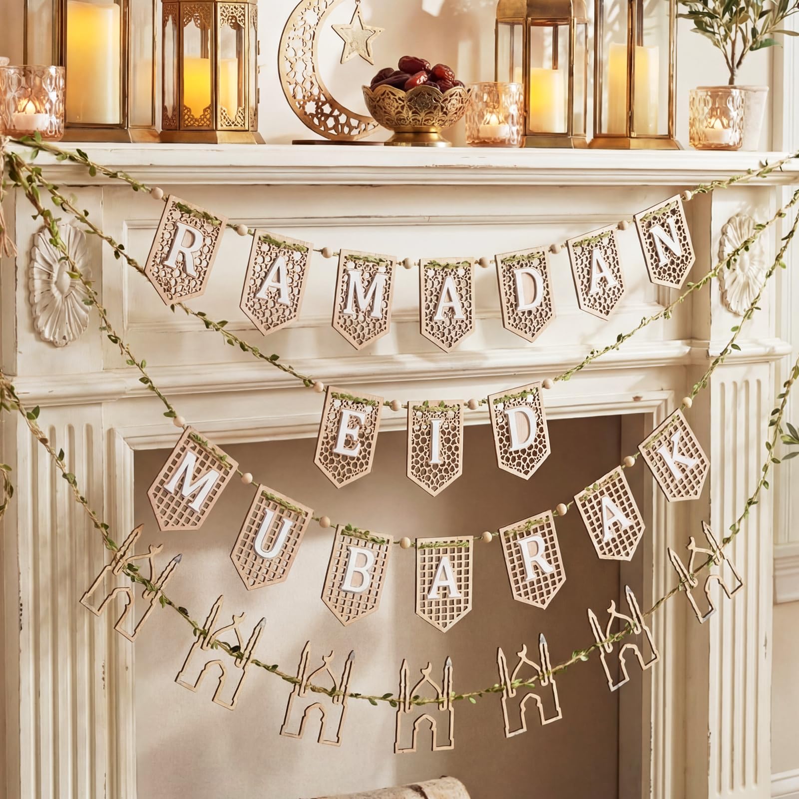 4 Pcs Ramadan Eid Mubarak Wood Bead Garland Eid Mubarak Ramadan Hanging Banner Garland Farmhouse Wooden Rustic Neutral Hanging Decor for Party Fireplace Home Wall Sign Decoration