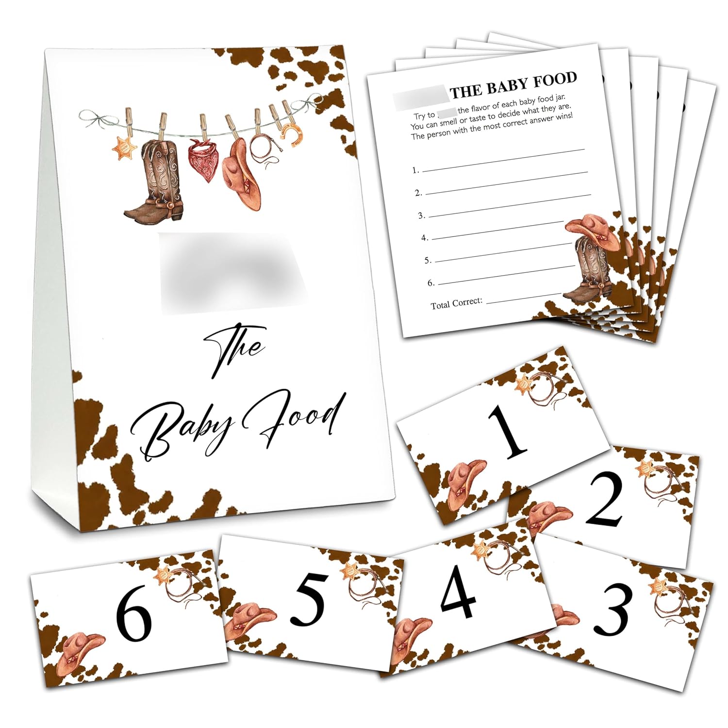 Find The Baby Food Party Games, Cowboy Baby Shower Game Set (1 Standing Sign + 20 Answer Cards + 6 Number Cards), Rustic Country Western Name The Baby Food Game, Baby Shower Favors Decorations(16)