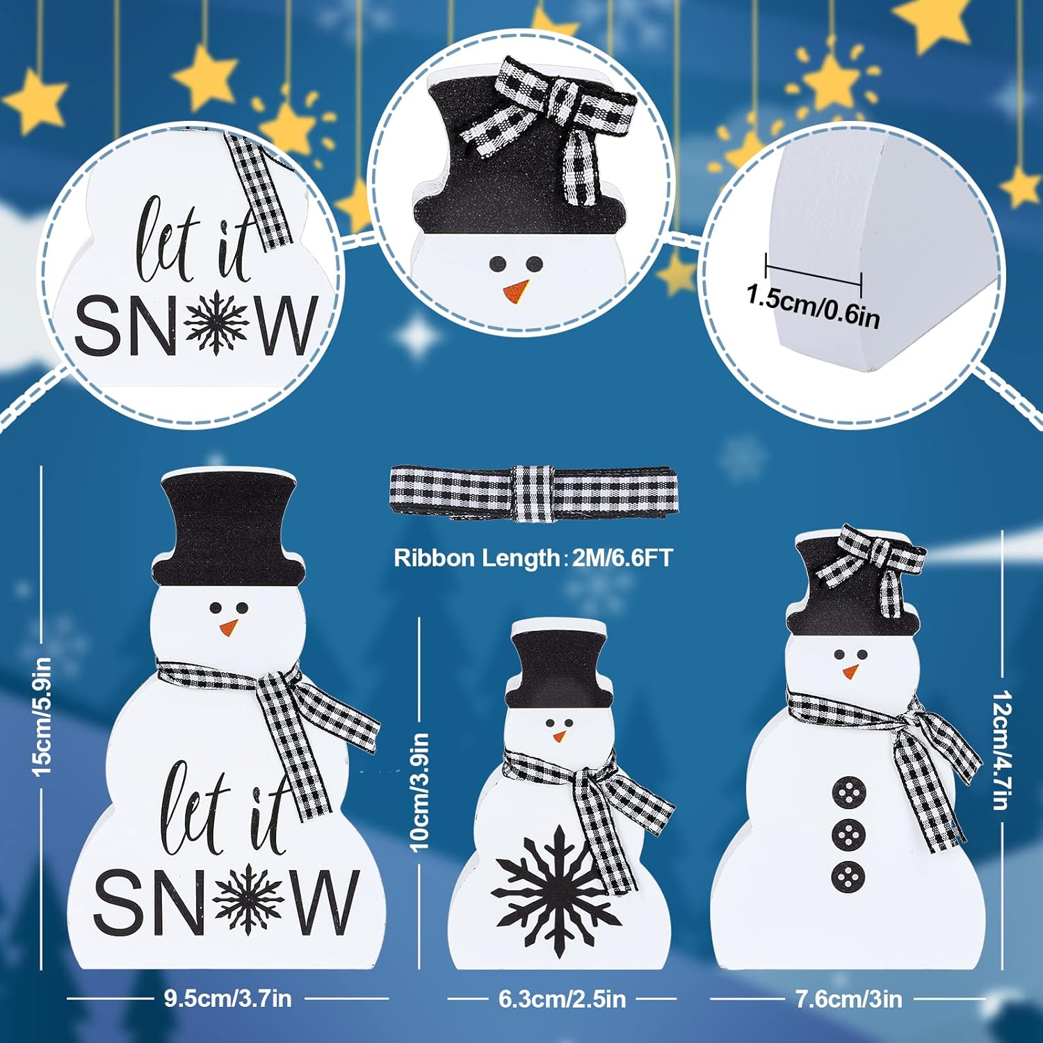3Pcs Christmas Snowman Wooden Decorations Black White Wood Centerpiece With Plaid Ribbon Xmas Tiered Tray Decor Rustic Blocks For Home Mantel Fireplace Tabletop