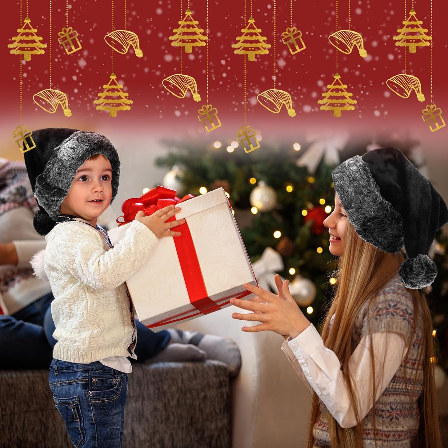 2 Pack Black Santa Hat - Soft Plush Xmas Hat For Black Christmas Theme New Year Festive Holiday Party Supplies