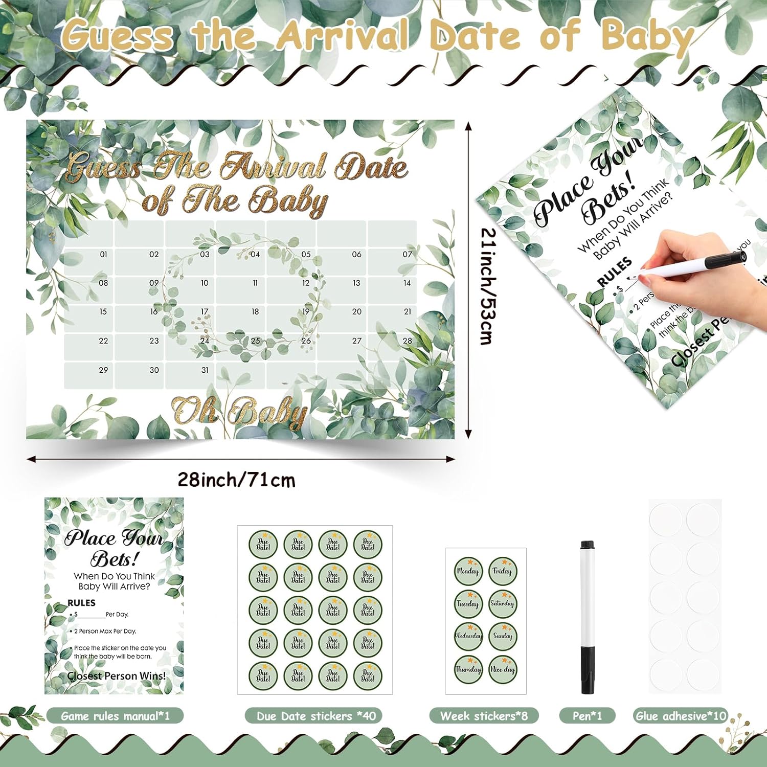 Greenery Baby Shower Due Date Calendar Baby Shower Game Include Guess The Arrival Date Of Baby Prediction Calendar Place Your Bets Prediction Game Baby Shower Due Date Poster Stickers