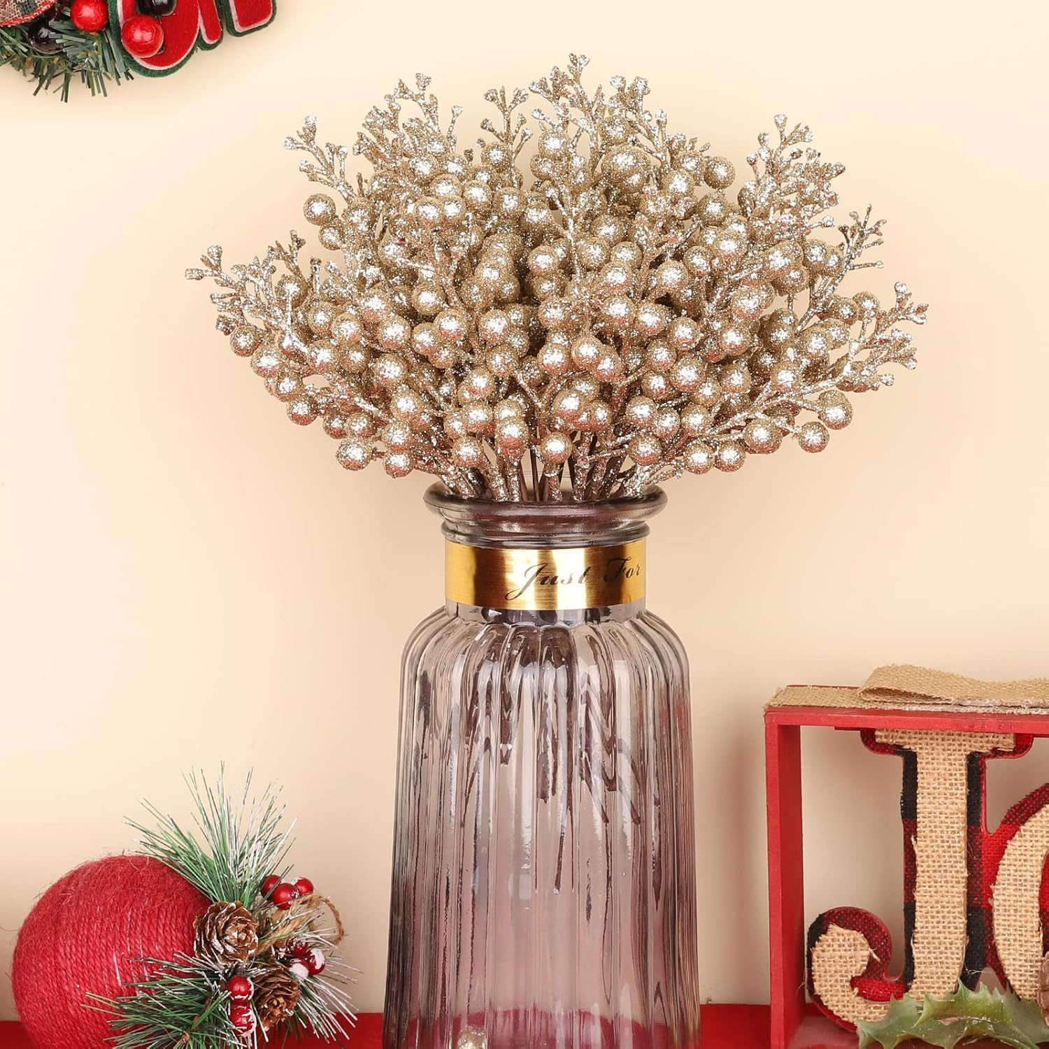 36Pcs Christmas Glitter Berries Stems, 9.5 Inch Artificial Christmas Tree Picks For Christmas Tree Decorations Ornaments Diy Crafts Vases Holiday Wedding Home Xmas Decor(Champagne)