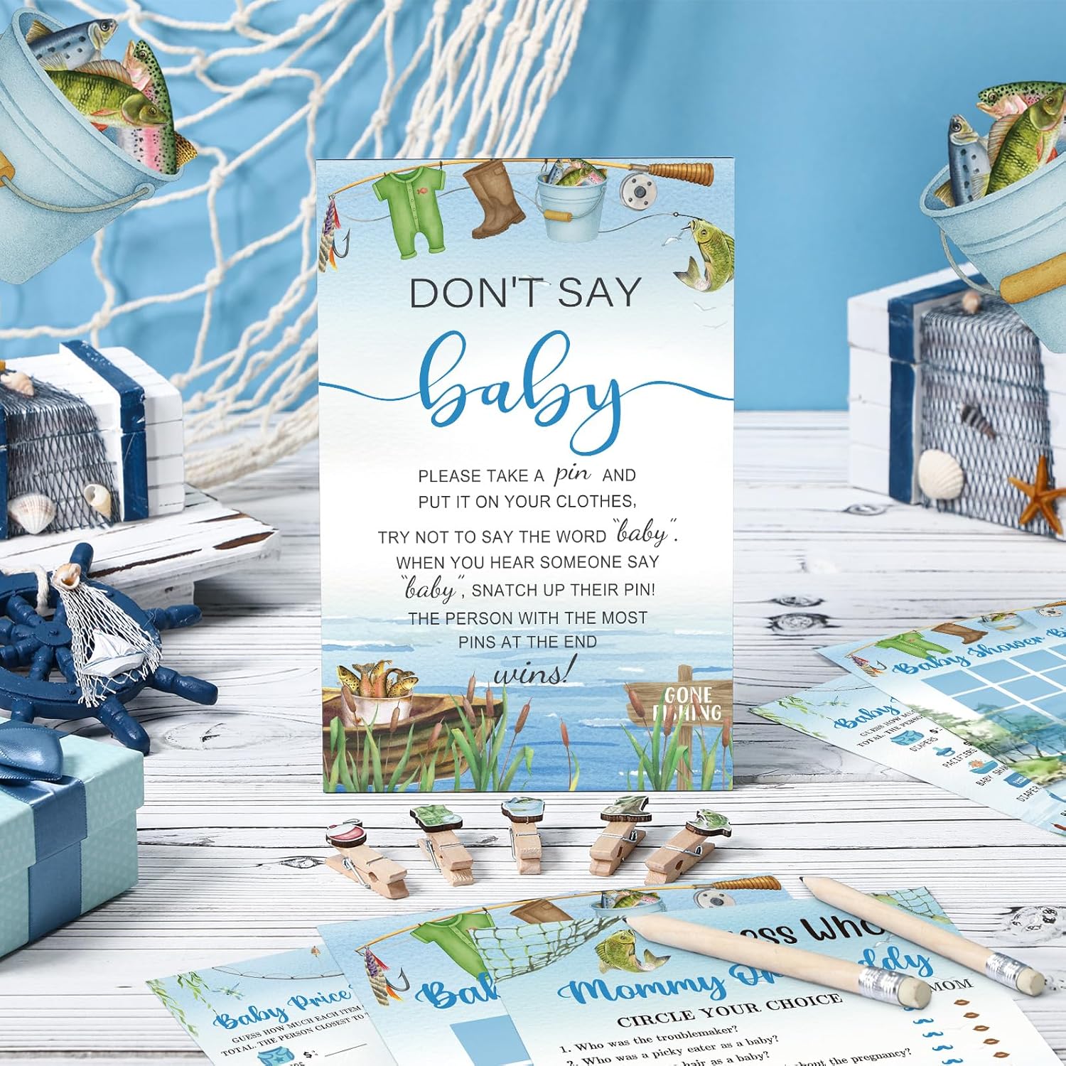 321 Pcs Fishing Don'T Say Baby Shower Game Supplies For Boys Include 50 Activity Cards 1 Don'T Say Baby Sign 50 Clothespins 20 Pencils For Price Is Right Prediction Bingo Game Party Decor