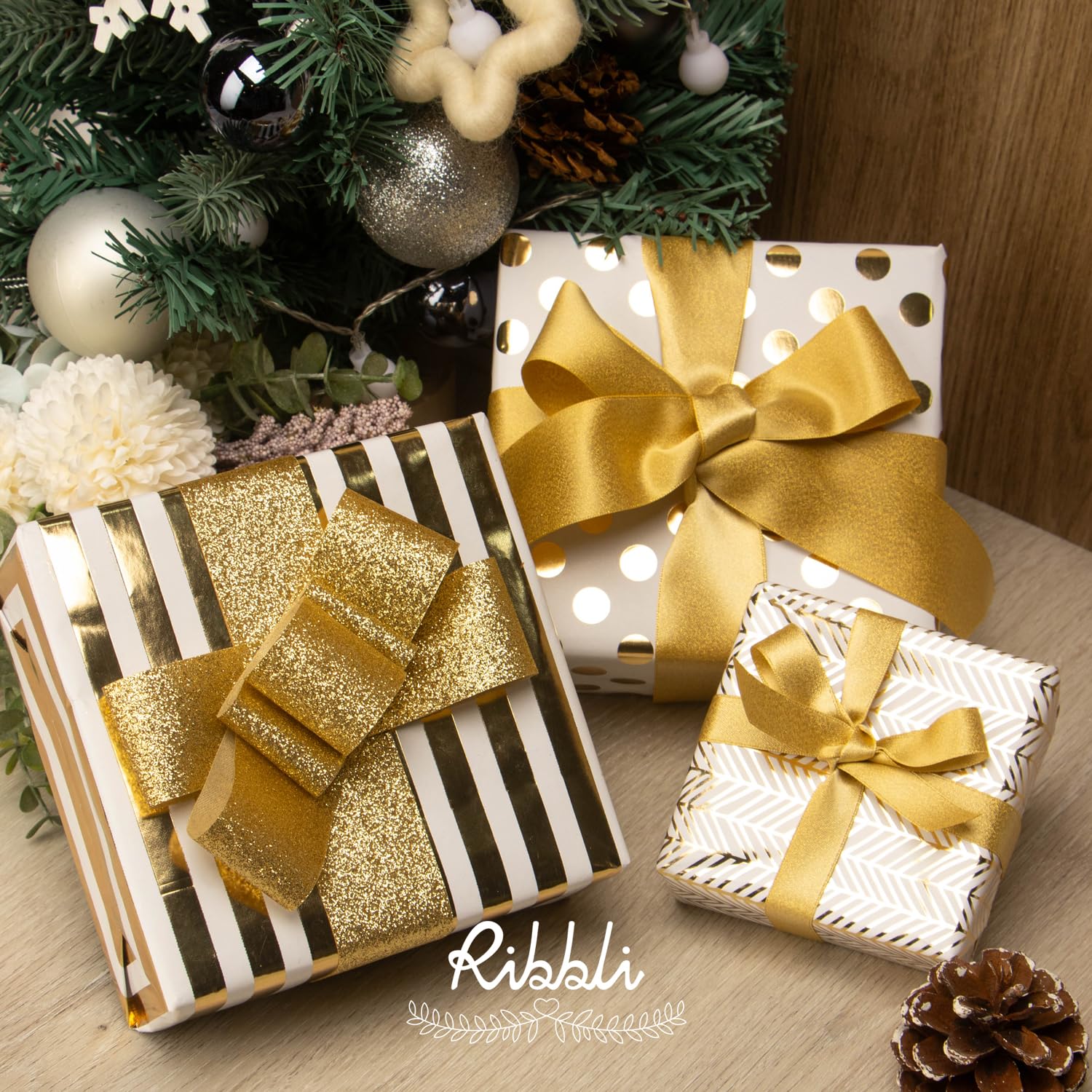 Birthday Wrapping Paper White And Gold Gift Wrapping Paper For Christmas Mini Roll, 3 Rolls Polka Dots Stripes Geometry Pattern With Gold Foil - 17 Inch X 120 Inch(10Feet) Per Roll