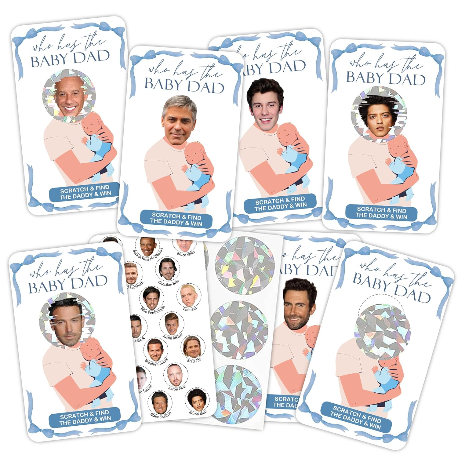 41 Sheet Blue Bow Baby Shower Scratch Off Game, Who Has The Dad-To-Be Scratch Off, 3.5 X 2.1 In Funny Baby Shower Games Ideas For Party Guests - Gender Reveal Party Decor-Mt07