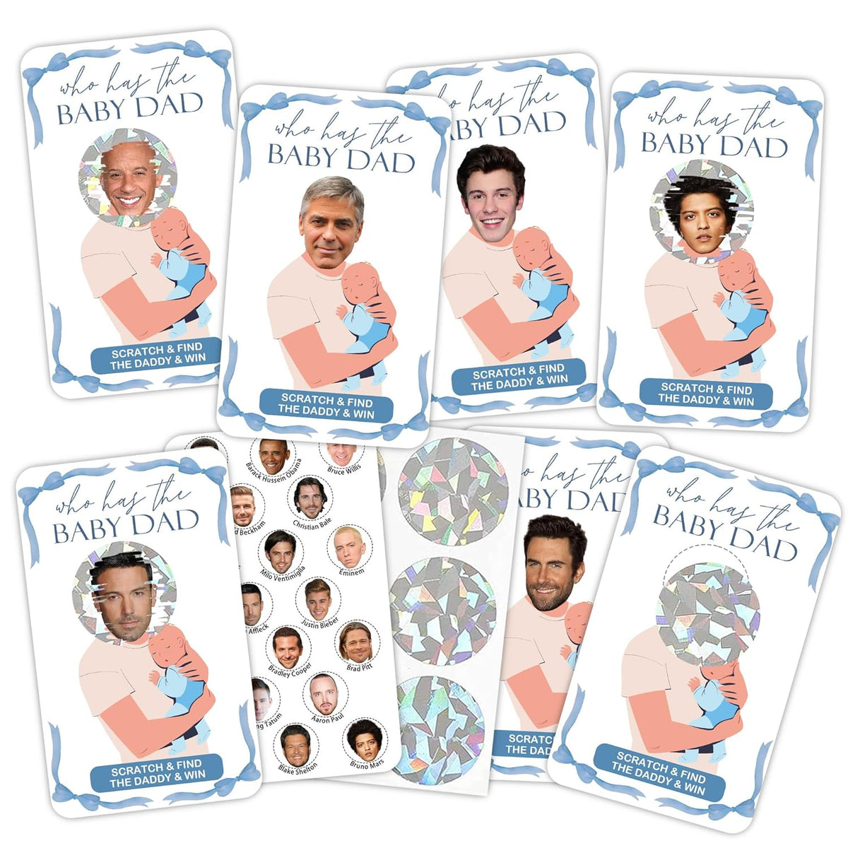 41 Sheet Blue Bow Baby Shower Scratch Off Game, Who Has The Dad-To-Be Scratch Off, 3.5 X 2.1 In Funny Baby Shower Games Ideas For Party Guests - Gender Reveal Party Decor-Mt07