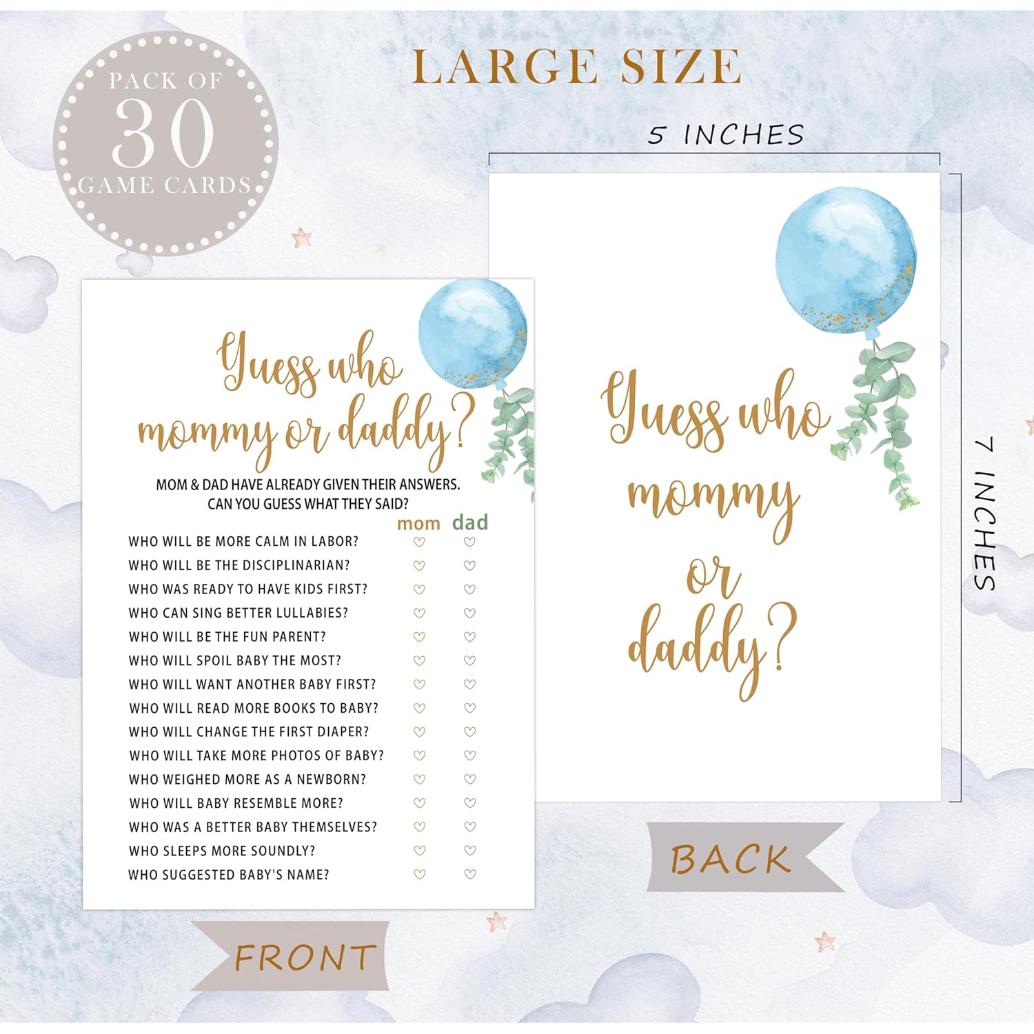 Blue Balloon Guess Who Mommy Or Daddy Game, Pack Of 30 Cards, Baby Shower Game, Gender Neutral Boy Or Girl, Fun Baby Activity - Gn47
