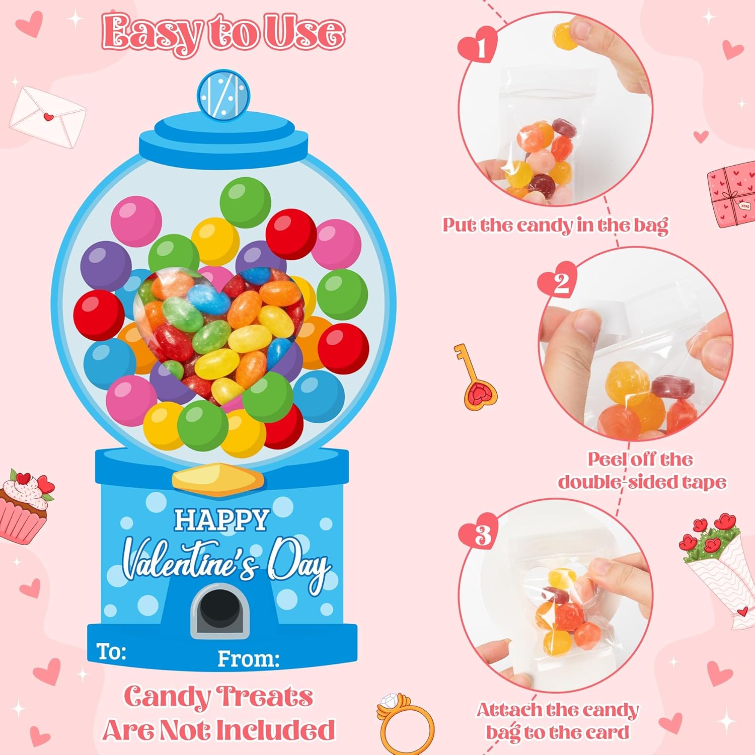 48 Set Valentines Day Gumball Machine Candy Holder Greeting Card, Funny Exchange Card Bulk With Treat Bag For Kids Classroom Activities, Diy Exchange Gift For Boy Girl Valentines Party Favors