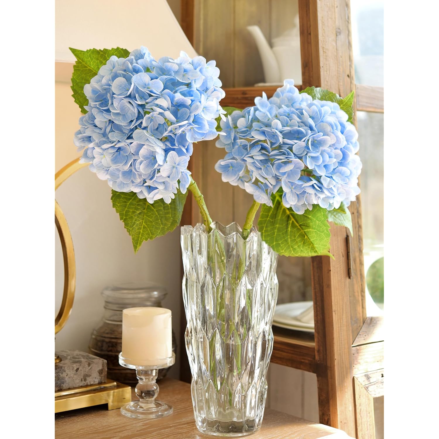 FiveSeasonStuff Real Touch Silk Hydrangea Flowers, 2 Large Long Stem Artificial Flowers for Floral Arrangements (Heavenly Blue)