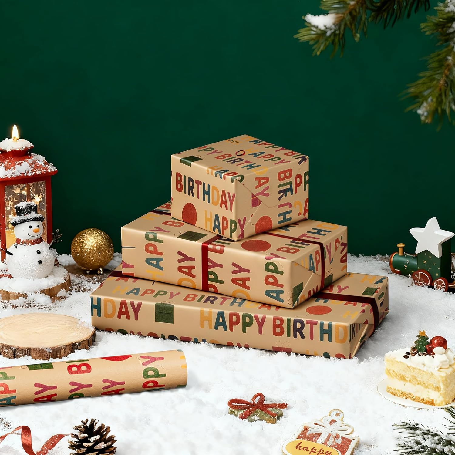 Birthday Wrapping Paper, Gift Wrapping Paper Roll, Kraft Wrapping Paper 17 Inch X 33 Feet, Colorful Happy Birthday Pattern For Boys Girls Kids, Great For Holiday, Party, Baby Shower