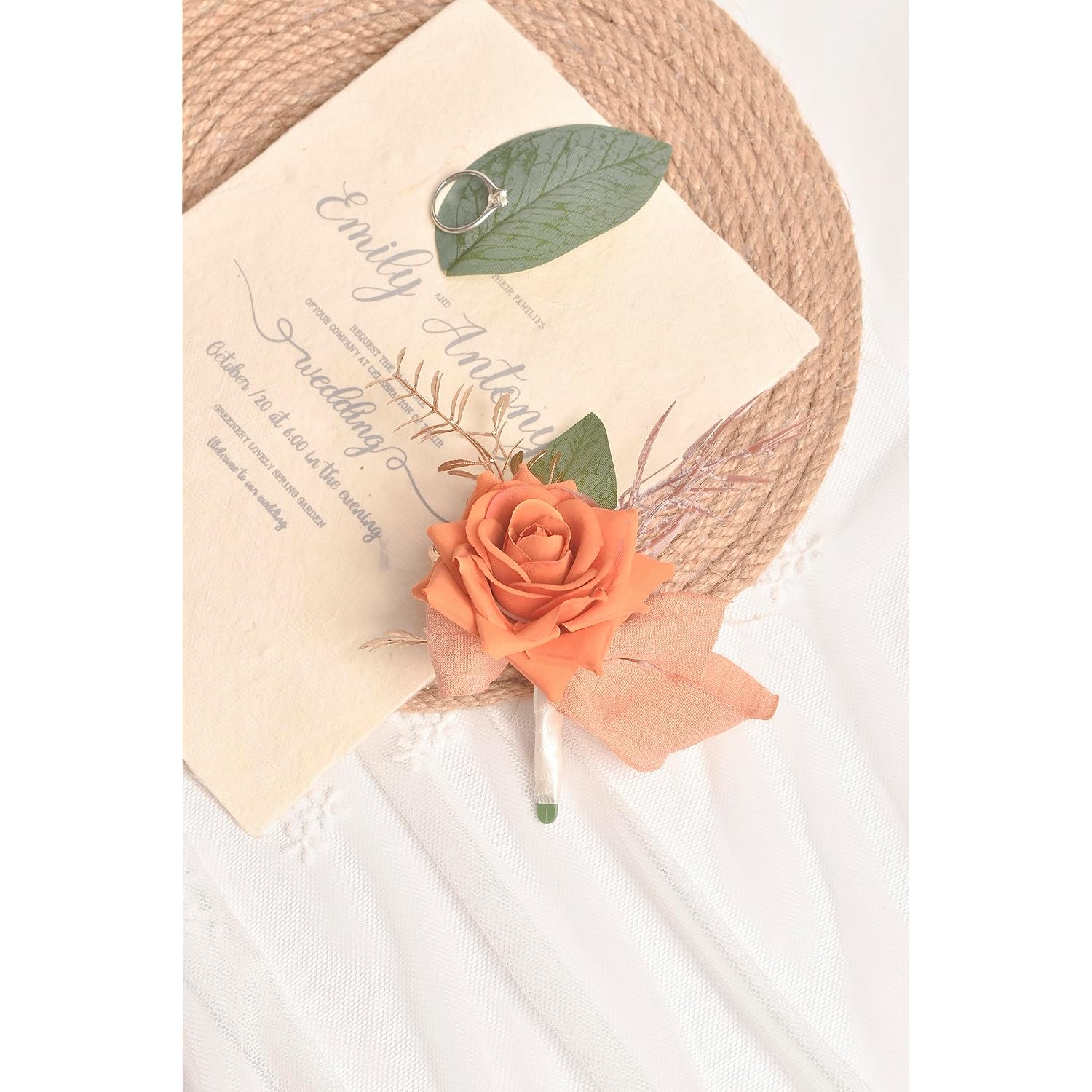 Burnt Orange Rose Wrist Corsage Wristlet Band Bracelet And Men Boutonniere Set For Wedding, Artificial Flower Wrist Corsage Bracelets For Fall Wedding Homecoming Prom Suit Decorations