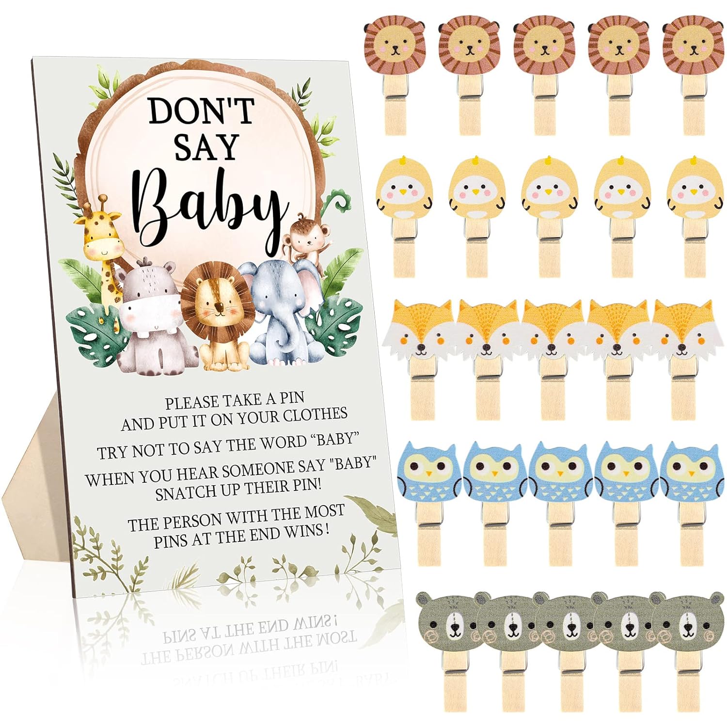 51 Pcs Don'T Say Baby Shower Game Favors Include Forest Animal Baby Shower Sign And 50 Mini Animal Clothespins For Boys Girls Gender Reveal Party Decoration Supplies