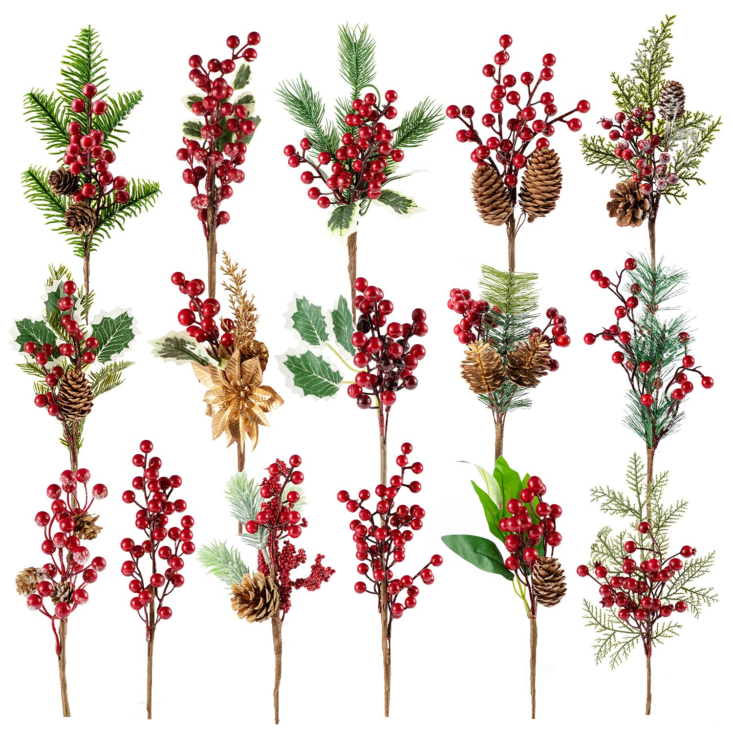 9-14 Inch Large Red Berry Pine Branches 16 Pack Assorted Pine Berries Branches Flower Pick For Christmas Wreath Festive Season Decor