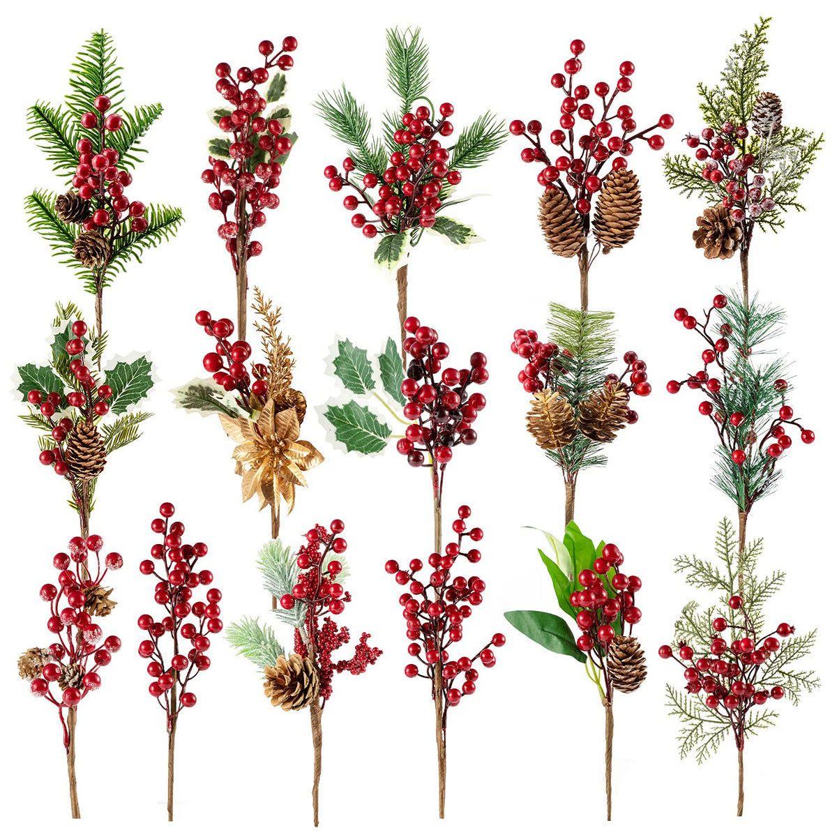 9-14 Inch Large Red Berry Pine Branches 16 Pack Assorted Pine Berries Branches Flower Pick For Christmas Wreath Festive Season Decor