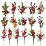 9-14 Inch Large Red Berry Pine Branches 16 Pack Assorted Pine Berries Branches Flower Pick For Christmas Wreath Festive Season Decor