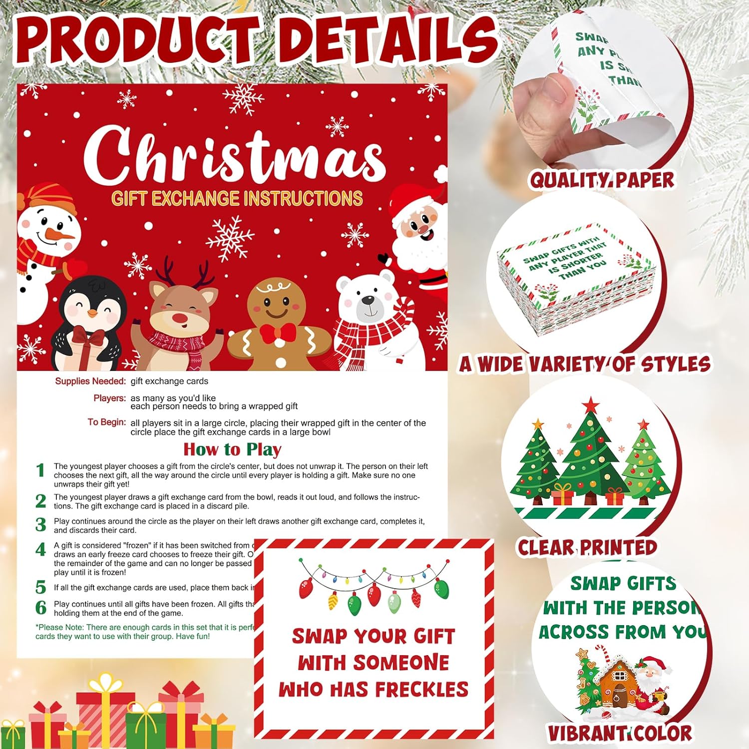 61 Pcs Christmas Gift Exchange Game Cards Merry Christmas Party Games White Elephant Gift Exchange Card Xmas Holiday Present Swap For Adults Large Group Family Women Men Coworker Supplies Winter Paper
