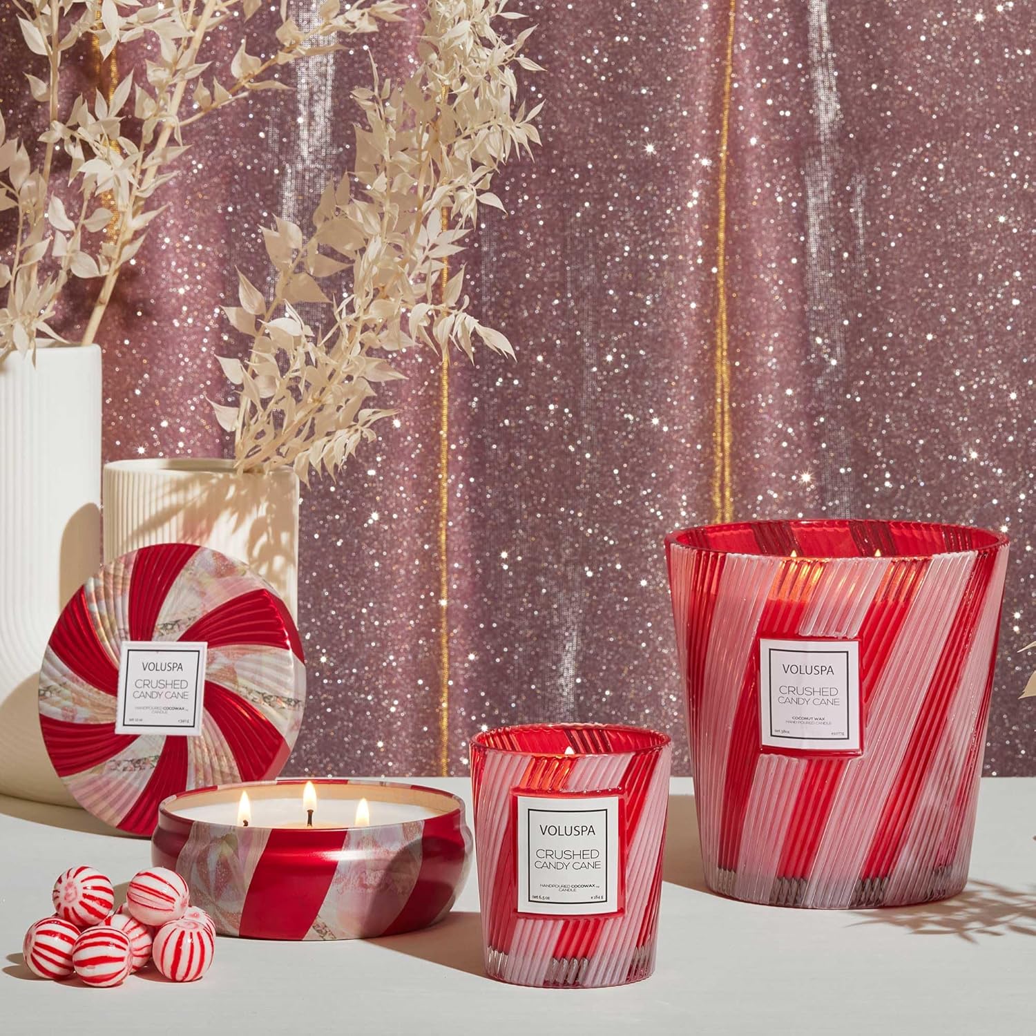 Voluspa Crushed Candy Cane, Mini Tin Candle, 4 oz, 25 Hour Burn Time, Coconut Wax for Clean Burning, Handcrafted in The USA