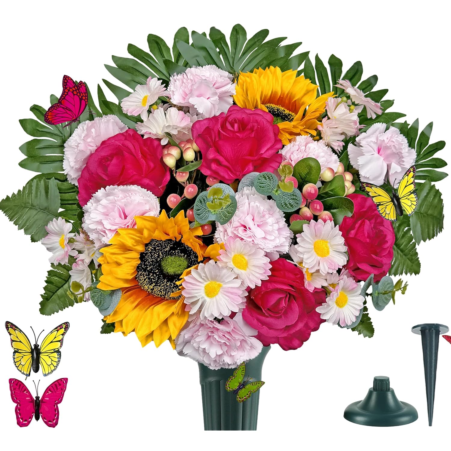 Artificial Cemetery Flowers - Memorial Flowers Bouquet With Vase For Outdoor Grave Decorations,Sympathy Flower - Realistic Vibrant Rose/Sunflower/Hyacinth
