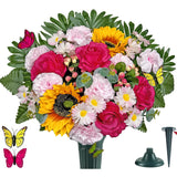 Artificial Cemetery Flowers - Memorial Flowers Bouquet With Vase For Outdoor Grave Decorations,Sympathy Flower - Realistic Vibrant Rose/Sunflower/Hyacinth