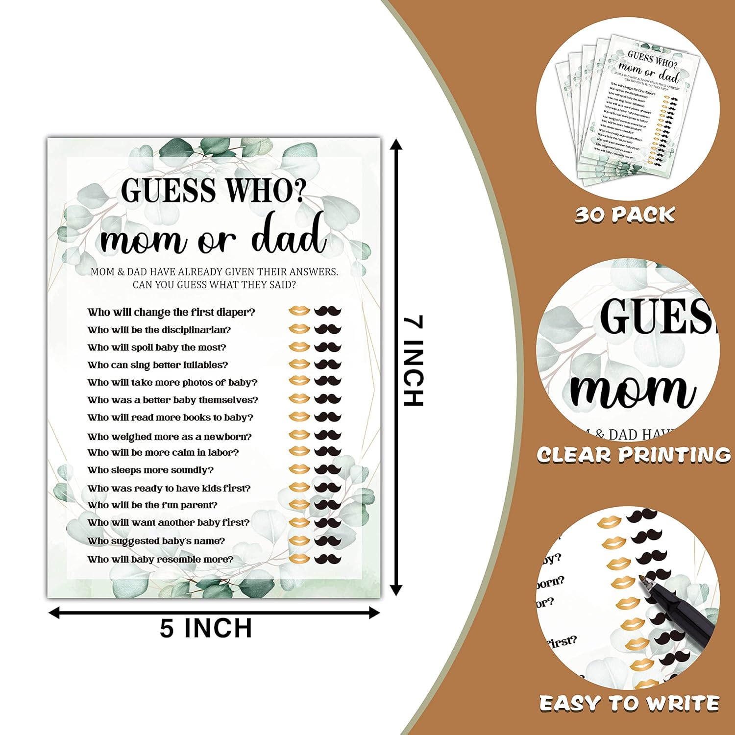 Baby Shower Game Set - Who Mom Or Dad Gender Reveal Party Decor Supply - Greenery Boho Botanical Baby Shower Games & Activities - Gold Foil Game Pack For Boys And Girls - 30 Game Cards(B04)