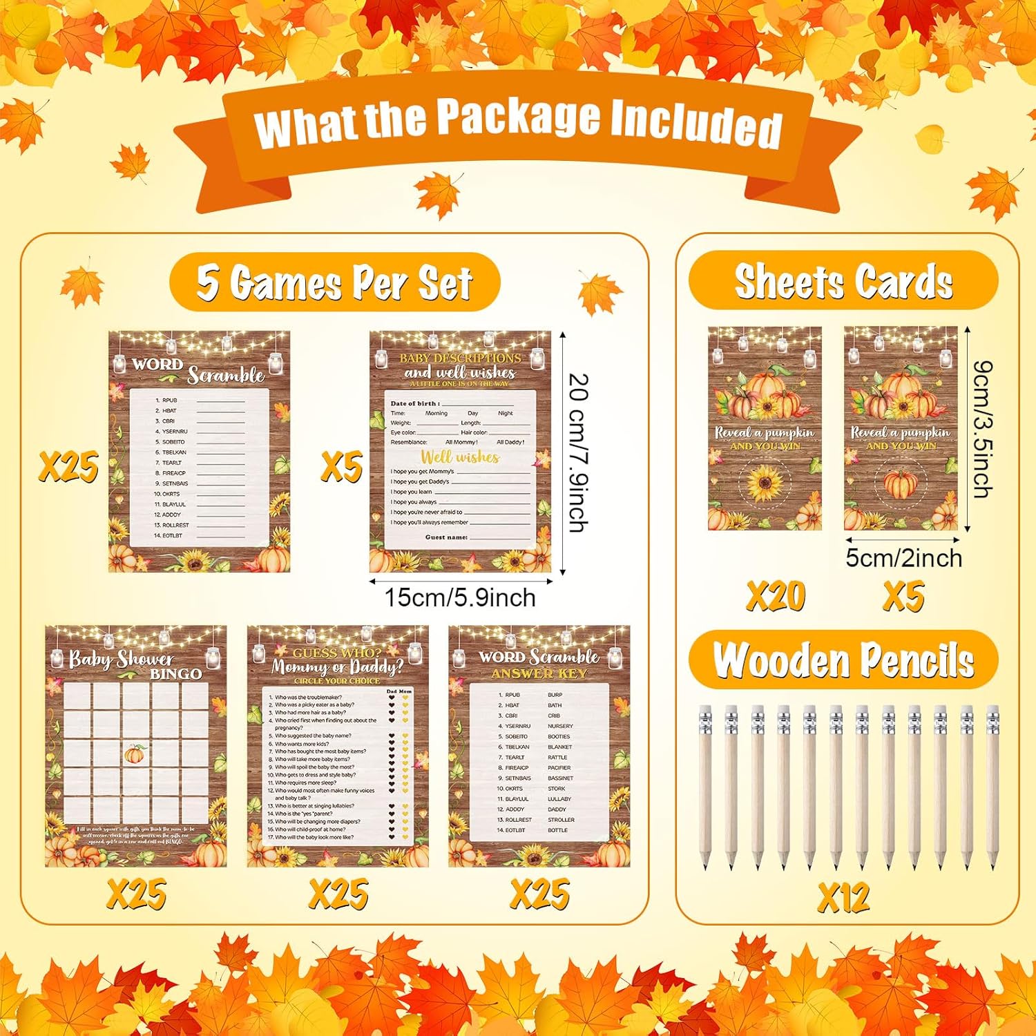 142 Pcs Thanksgiving Baby Shower Games Set - 130 Fall Baby Shower Game Activity Cards With 12 Pencils For Thanksgiving Pumpkin Autumn Party Favors - Rustic Gender Reveal Party Neutral