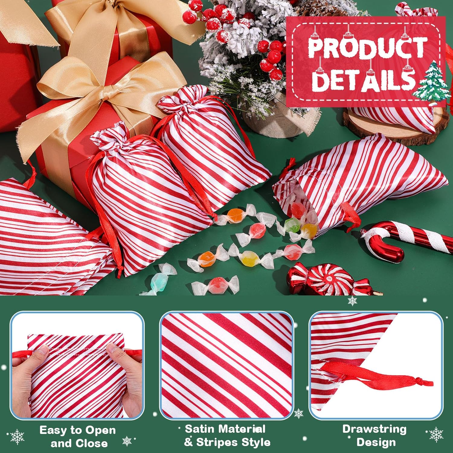 100 Pcs Christmas Satin Gift Bags With Drawstring Candy Cane Bags Christmas Mini Glitter Stripes Treat Bag Reusable Gift Wrapping Sack For Xmas Holiday Party Favor(4 X 6 Inch,White And Red)