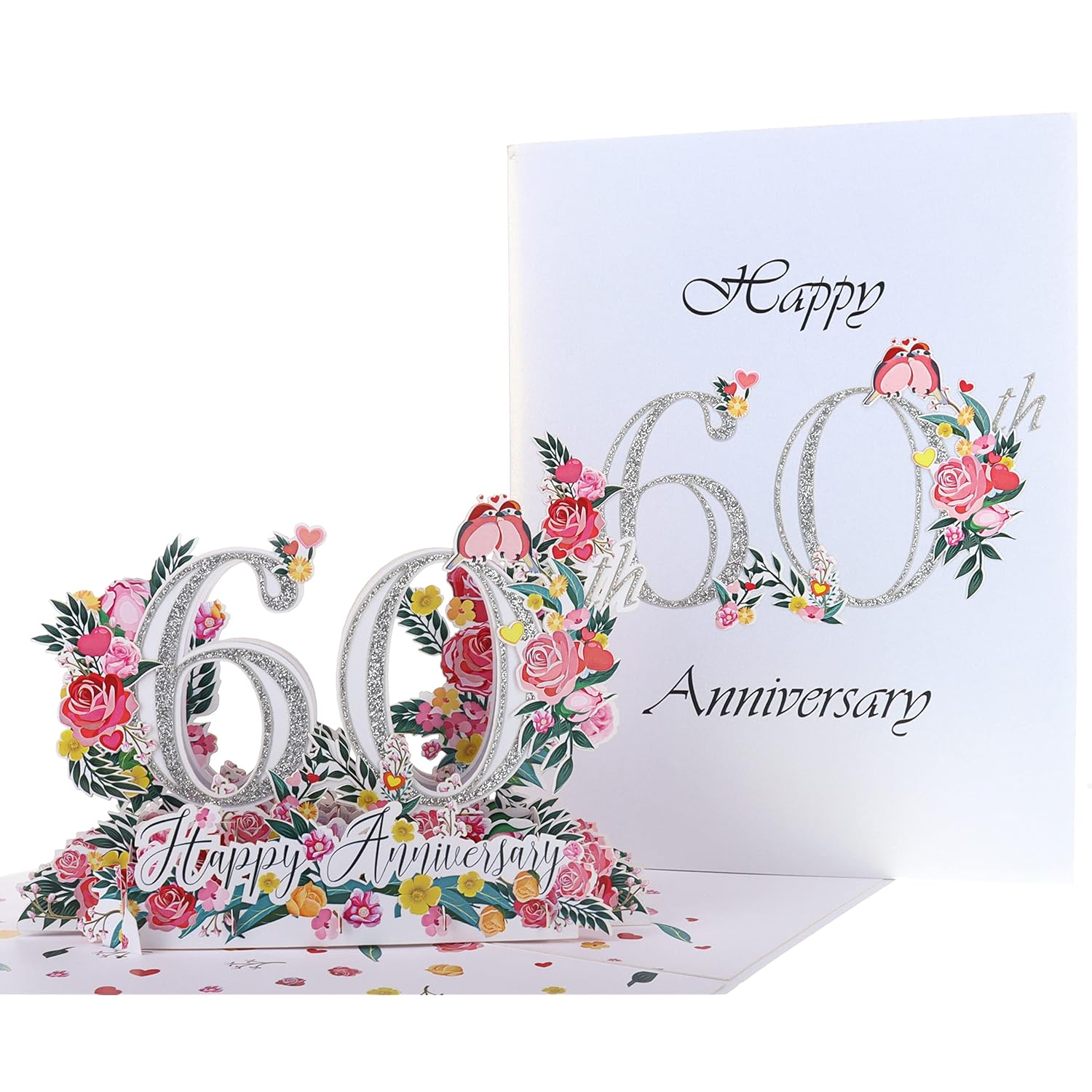 60Th Wedding Anniversary Pop Up Card – Diamond Jubilee 3D Greeting With Roses & Lovebirds – Luxury Keepsake For Parents, Grandparents, Couples, Enduring Love Gift – 6 X 8 Inches