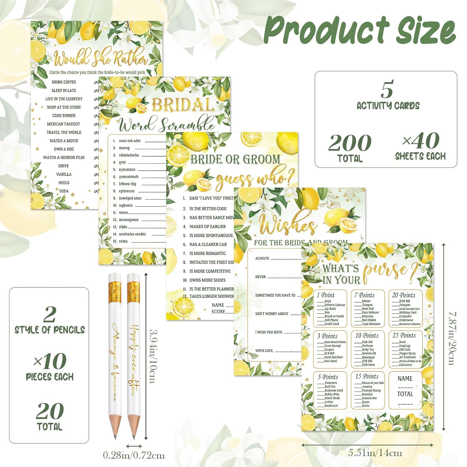 220 Pieces Lemon Bridal Shower Game Set - Bridal Shower Game Favors Wedding Cards Eucalyptus And Pencils Activity Accessories For Bride Groom Bachelorette Party Wedding Supplies