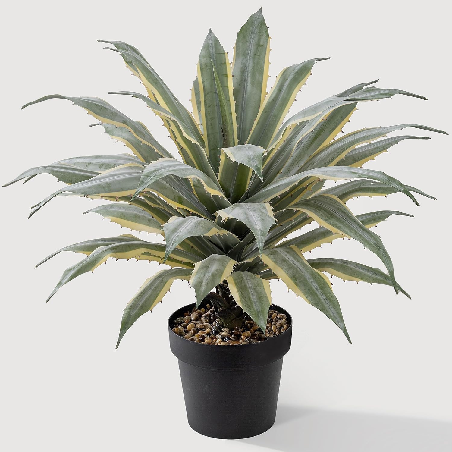 32 Inch Tall Large Faux Agave Plant With Two-Tone Sawtooth Edged Leaves; Planted In Black Pot With Real Stone Pebbles. Large Artificial Plants Indoor And Outdoor.