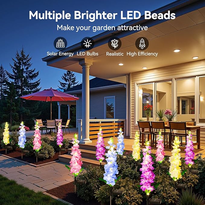 4 Pack Upgraded Delphinium Solar Garden Lights 36 LED Waterproof Outdoor Flower Decor