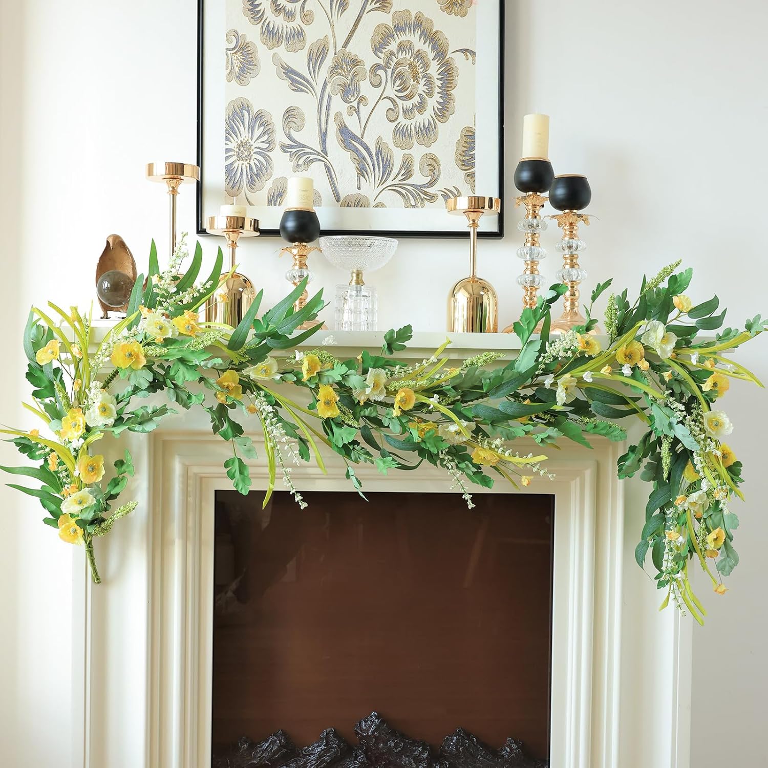 Yellow Artificial Flower Garland 6Ft Fake Poppy Floral Garland Hanging Vines Spring Summer Flowers Decorations For Mantle Table Centerpieces Room Wall Fireplace Wedding Decor (Yellow)