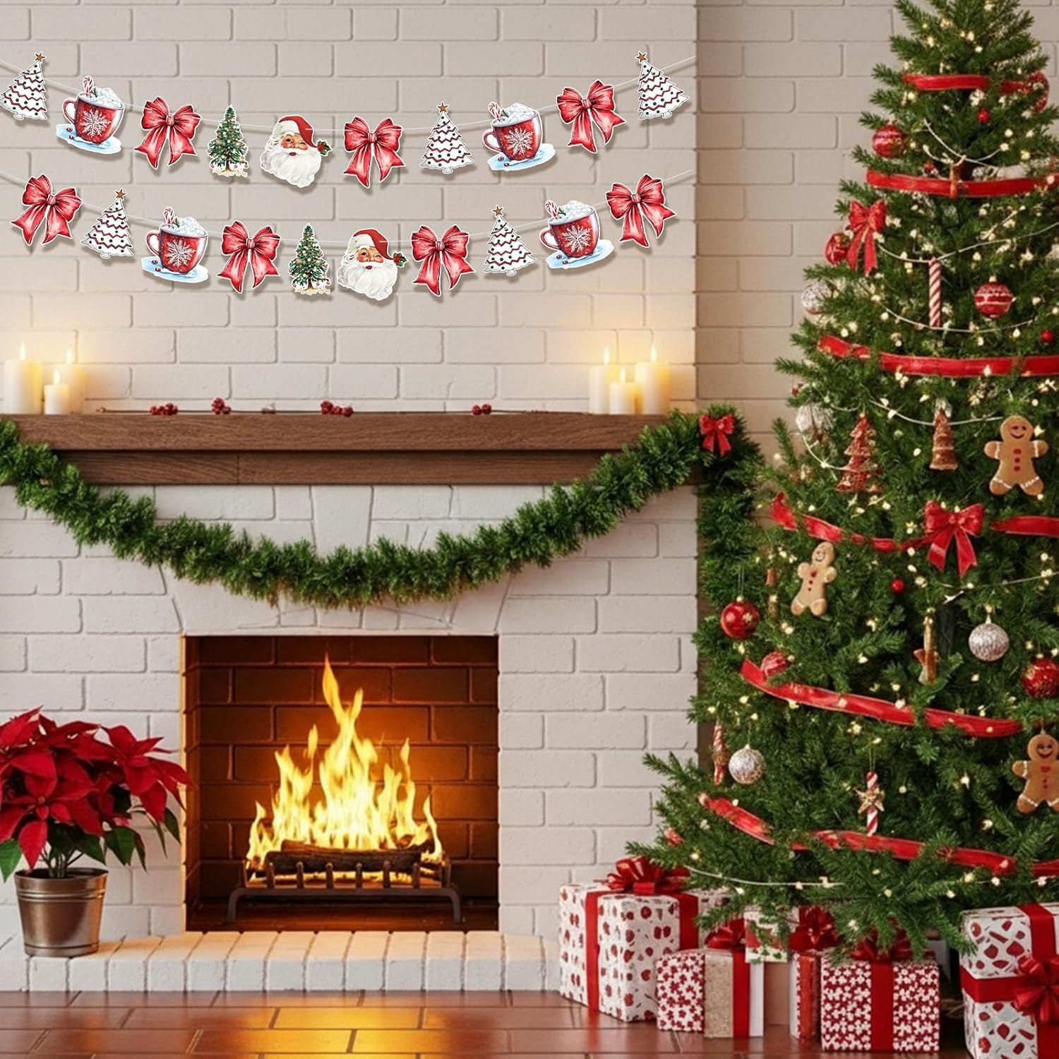2 Pack Christmas Paper Garland Christmas Tree Santa Red Bow Hanging Bunting Banner Flags For Xmas Party Decorations Birthday Home Office Decor