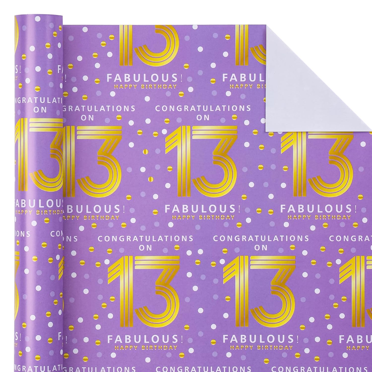 13Th Birthday Wrapping Paper - Mini Roll - 17 Inch X 33 Feet - Purple Gold Polka Dots Design For Birthday, Party, Holiday