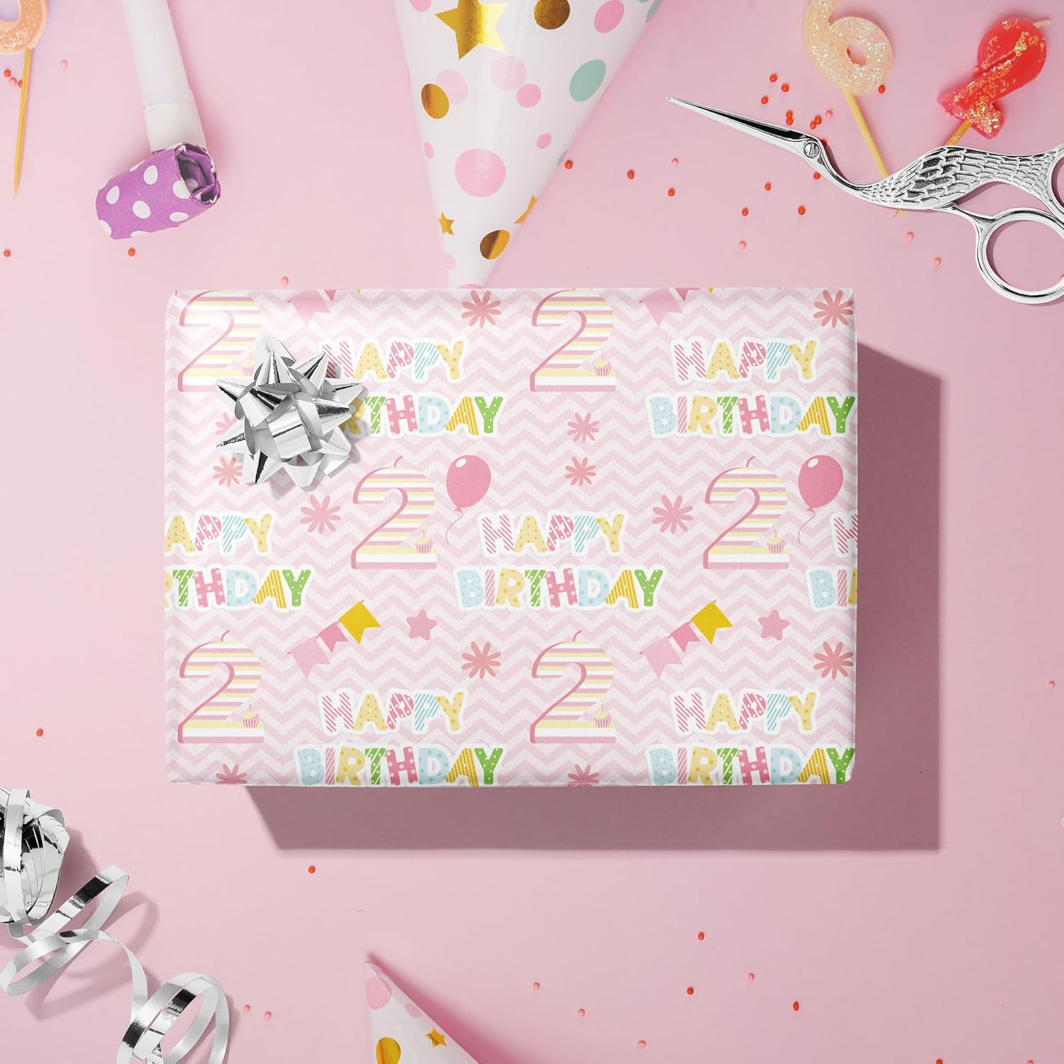 2St Birthday Wrapping Paper Roll - Pink Happy Birthday With Balloon Gift Wrap Sheets For Kids Girls Baby Shower Party Decoration Celebration Total 28.5Sq.Ft