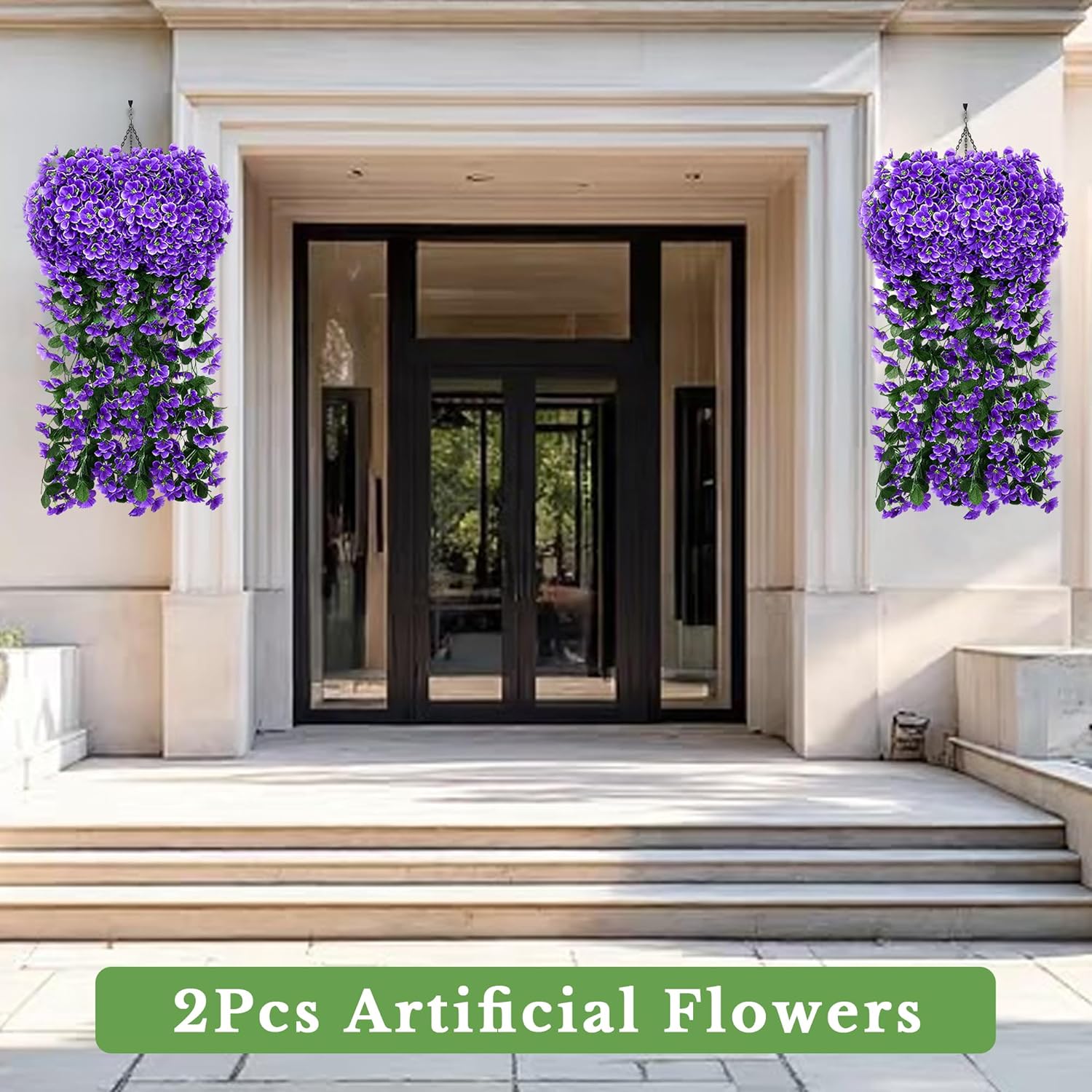 Fake Plants Violet Hanging Plants Artificial Flowers For Outdoors, 2 Pcs Large Bushy Silk Faux Flowers, Look Real Trailing Vines Uv Resistant Plants For Outdoor Planters Home Porch Patio (2 Purple)
