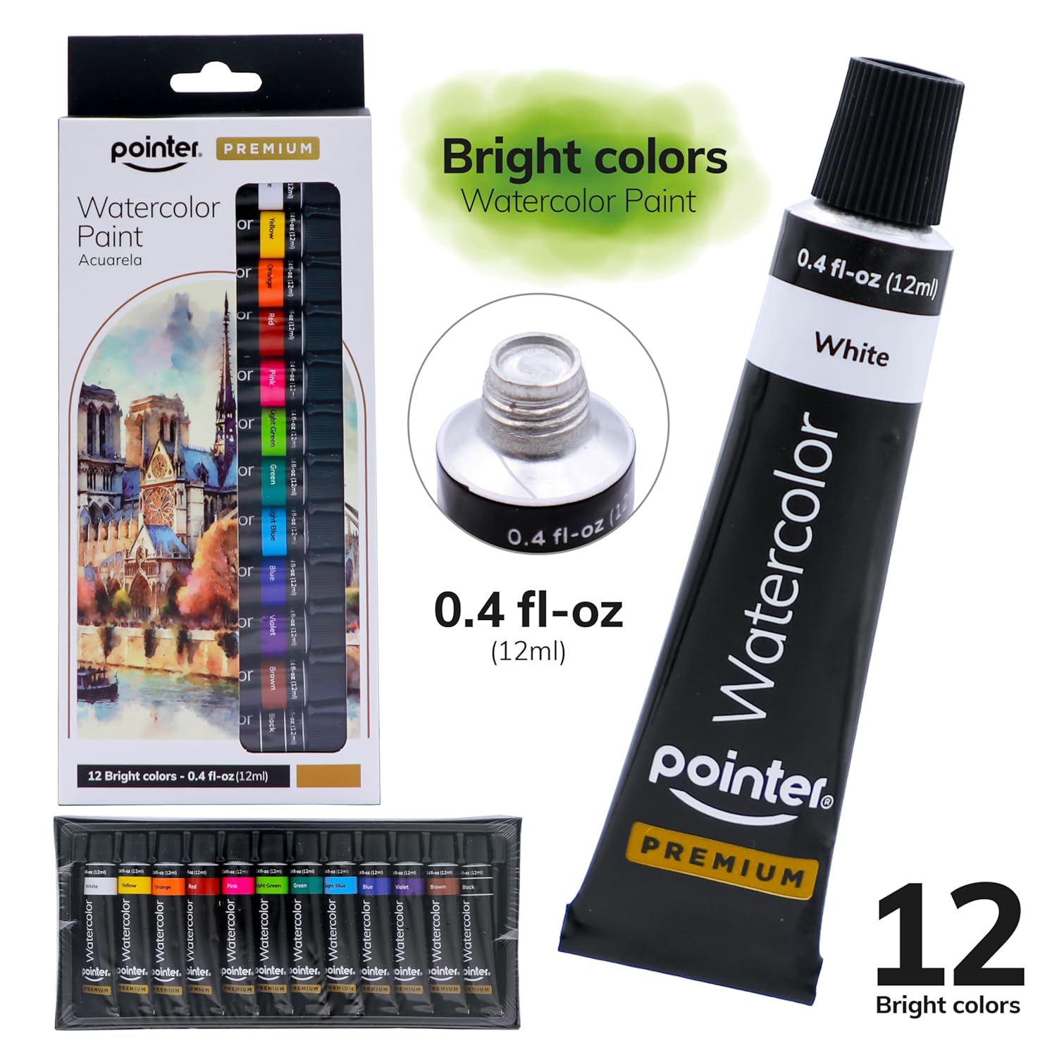 Premium Watercolor Paint Set, 12 Bright Colors, 0.4 Fl Oz Tubes