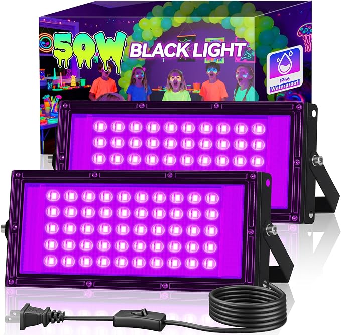 2 Pack 50W LED Black Light Flood Light IP66 Waterproof UV Glow Party Outdoor Neon Halloween Lighting