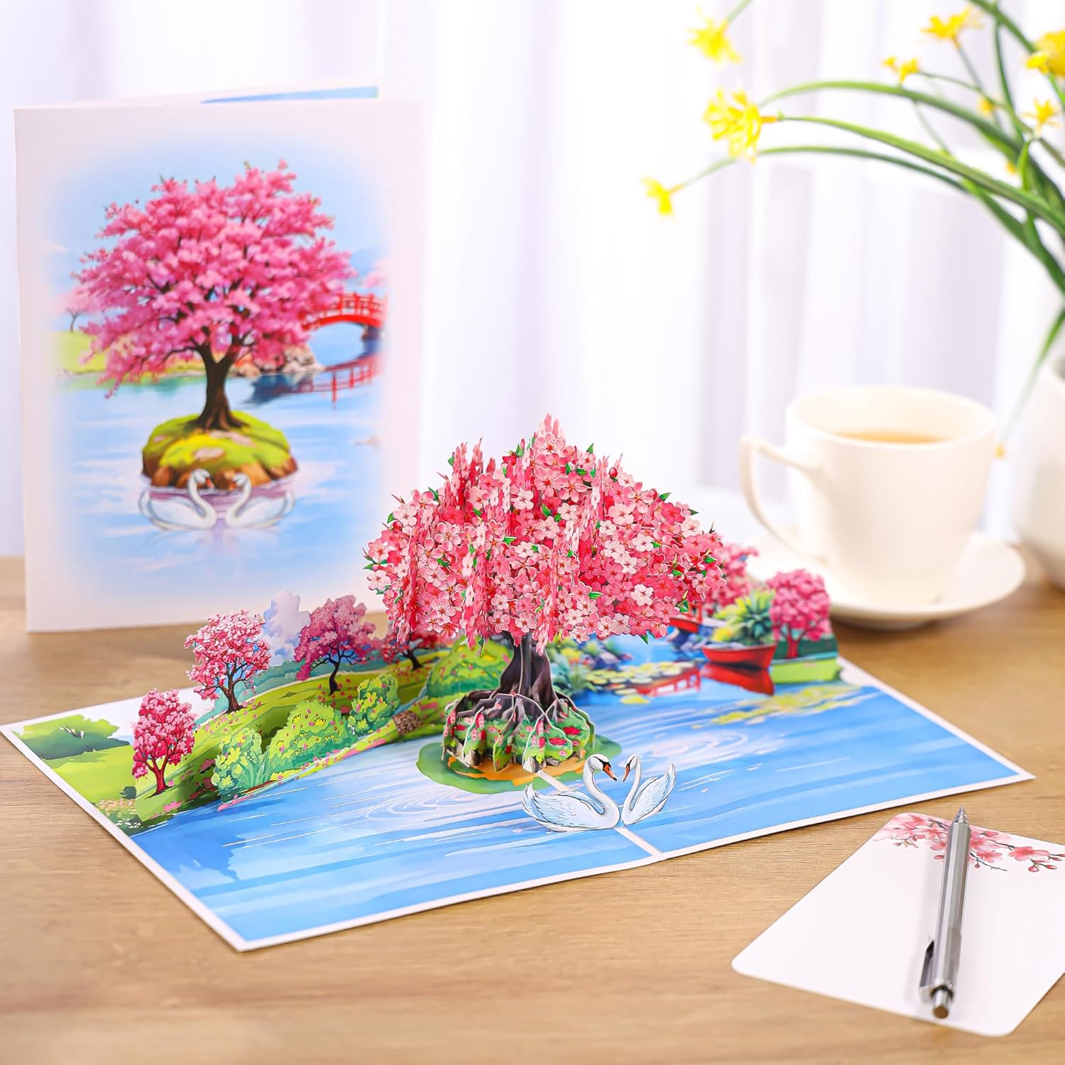 Cherry Blossom Tree Pop Up Cards, 3D Swans Couple Anniversary, Birthday Cards 6"X 8", Gift For Birthday, Wedding, Valentines, Thank You, All Occasion For Women, Wife, Mom, Her, Girlfriend, Daughter