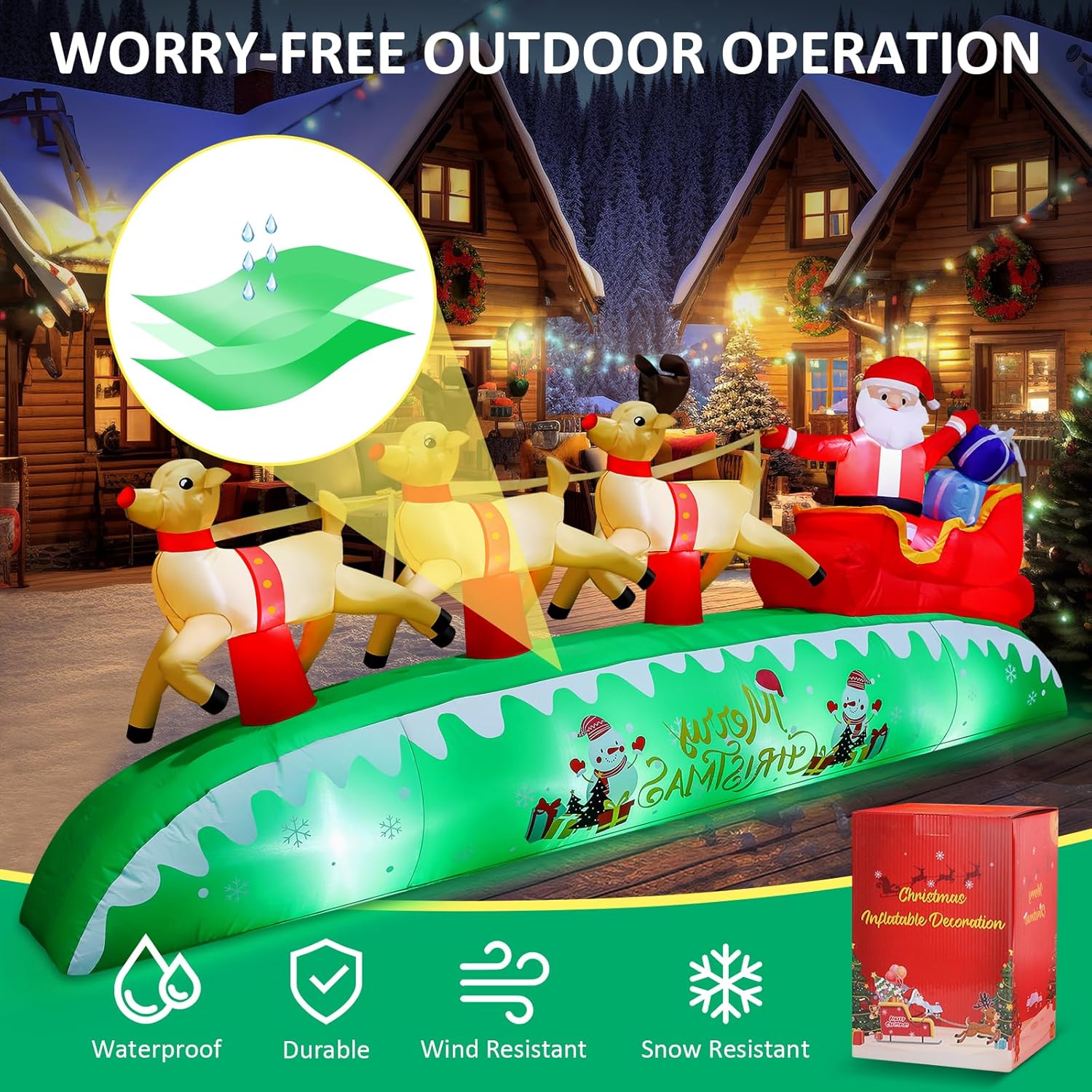12Ft Long Christmas Inflatables Outdoor Decorations, Santa Sleigh And Reindeer Blow Up Yard Decorations With Built-In Su