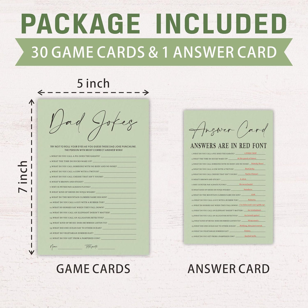 A16 30 Pcs Minimalist Green Baby Shower Game Cards With Answer Card, Dad Jokes Game, Baby Shower Games To Play With Family And Friends, Gender Reveal Party Supplies