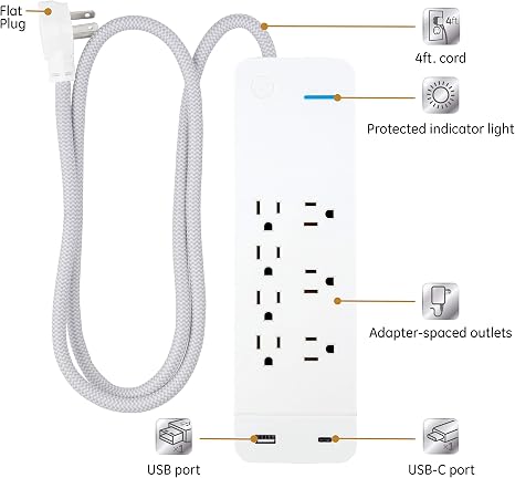 Surge Protector Power Strip with USB Ports 4 Ft Braided Extension Cord